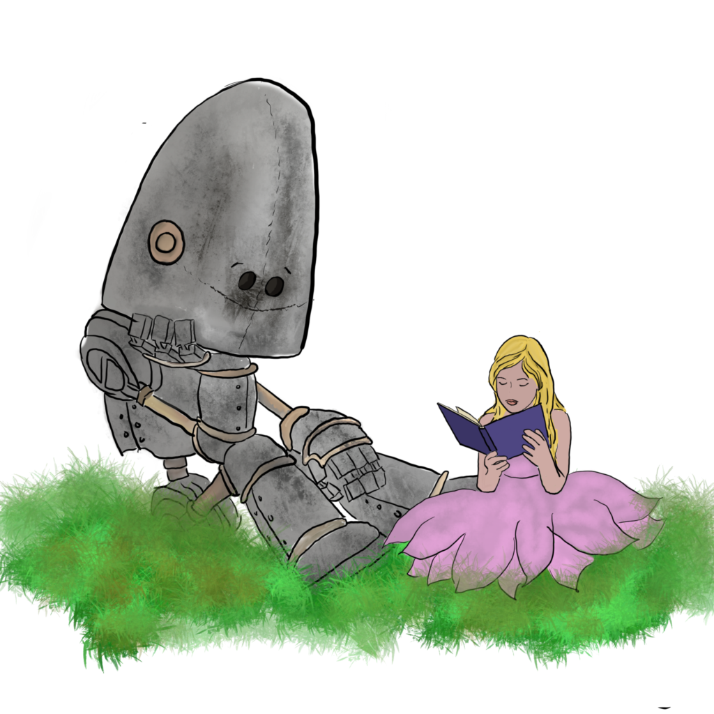 A mutual innocence, a little girl reading and teaching her robot friend - by Stephanie Greenall